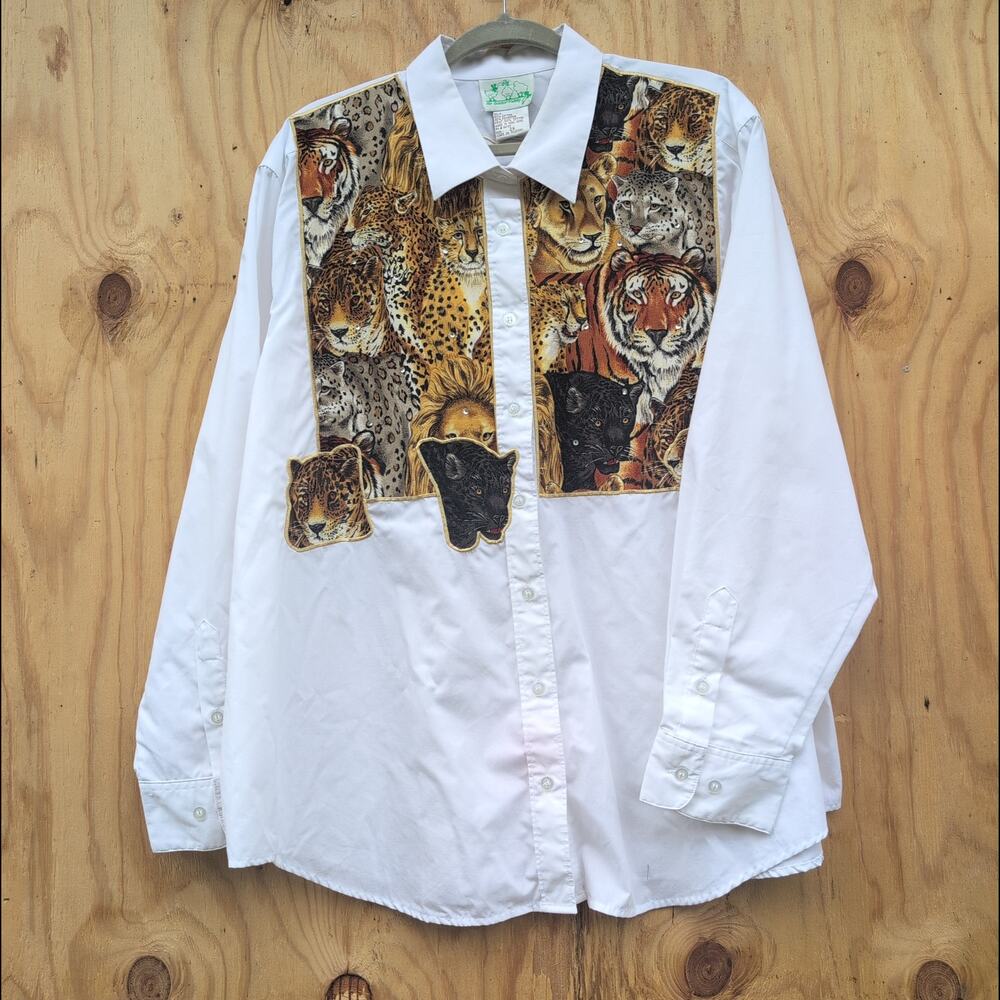 Vtg 90s The Quaker Factory Jungle Cats Rhinestones Button Down Shirt Women's 2X